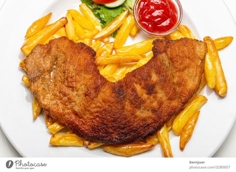 Viennese schnitzel Meat Banquet Fresh Delicious Escalope veal escalope pork schnitzel Chicken escalope Barn fowl Pork Ketchup French fries frites