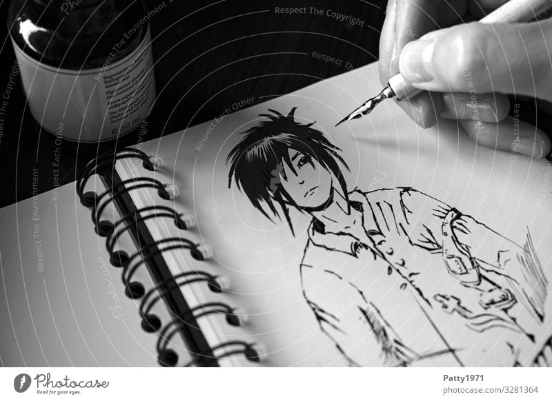 Detail of a hand drawing a manga figure in a sketchbook with a drawing pen Hand 1 Human being Art Artist Painter Manga Drawing Comic strip character Ink