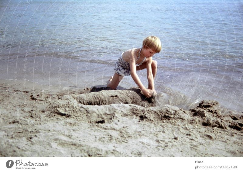 this must be finished today (1) Construction site Feminine girl Human being Sand Water Summer Beautiful weather Waves Coast Beach To hold on Playing