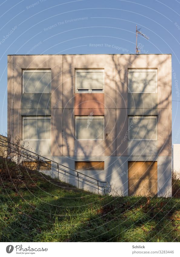 SWEET HOME Deserted House (Residential Structure) Manmade structures Building Architecture Prefab construction Facade Roller shutter Poverty Blue Brown Gray