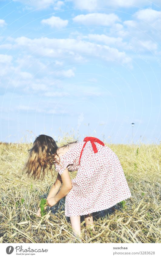 summer day Child Girl feminine Infancy Happiness Light heartedness Freedom Summer Sunlight Warmth Dress Retro Hair and hairstyles Sky Clouds Exterior shot Straw