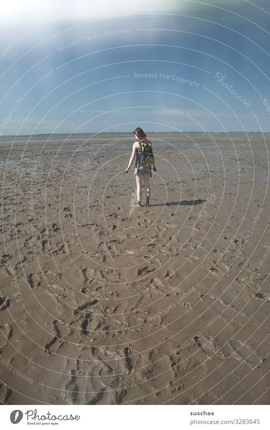 mud walk Mud flats Beach Slick Ocean North Sea Tide Water Lanes & trails Sky Human being Girl Youth (Young adults) Young woman To go for a walk
