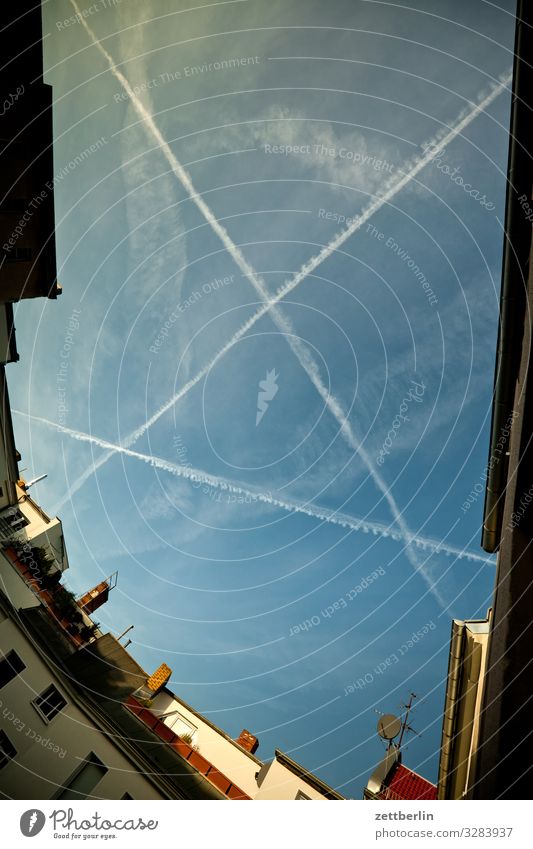 Triangle in the sky Vapor trail Carbon dioxide Aviation Airplane Worm's-eye view Sky Heaven Climate Climate change Vacation & Travel Travel photography Clouds