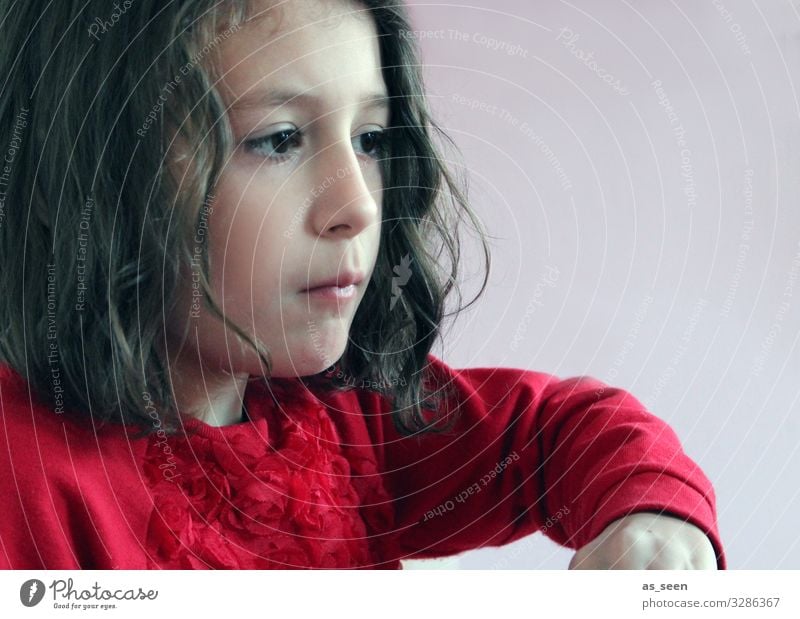. Parenting Kindergarten Study Girl Infancy 1 Human being 3 - 8 years Child Sweater Brunette Curl Think Looking Playing Authentic Beautiful Red Black Patient