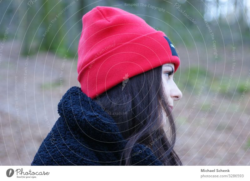Young woman with red cap Feminine Youth (Young adults) Head Face 1 Human being 18 - 30 years Adults Nature Landscape Winter Beautiful weather Forest Waldbronn