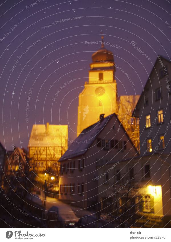 WinterNight0205 Half-timbered facade House (Residential Structure) Dark Street lighting Winter mood Church spire Town Small Town Cozy Transport