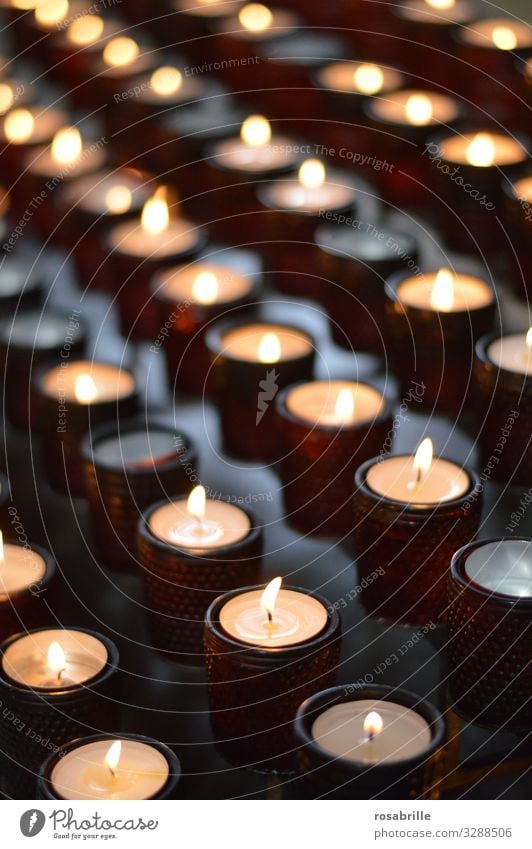 Rows of candles in glasses in a church as a symbol of prayer Fire Church shoulder stand Illuminate conceit Hot Bright Many Trust To console Grateful Honest Hope