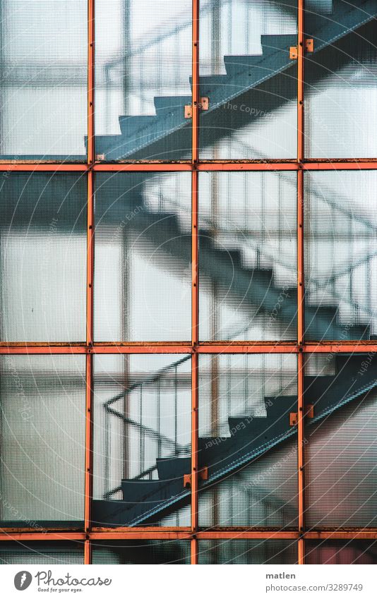stairwell Town High-rise Architecture Esthetic Blue Gray Orange Staircase (Hallway) Stairs Subdued colour Exterior shot Pattern Structures and shapes Light