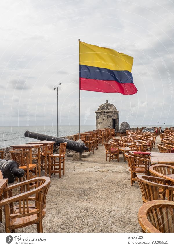 Terrace of cafe near the sea with the colombian flag Coffee Beautiful Relaxation Vacation & Travel Tourism Summer Sun Ocean Restaurant Nature Landscape Sky Town