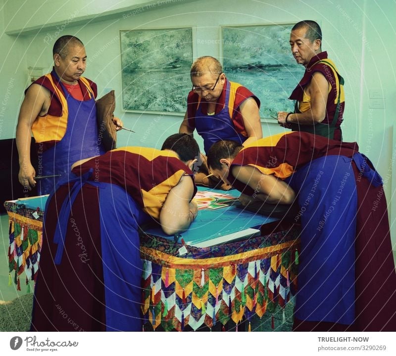 5 monks of the Tibetan exile monastery Sera-Jey during the ritual design of a sand mandala according to a traditional pattern with coloured sand grains