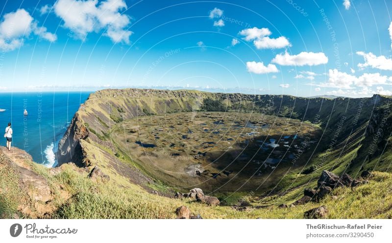 volcanic crater - Rano Kau Nature Landscape Blue White Woman Vantage point Panorama (Format) Panorama (View) Crater rim Volcanic crater Ocean Easter island