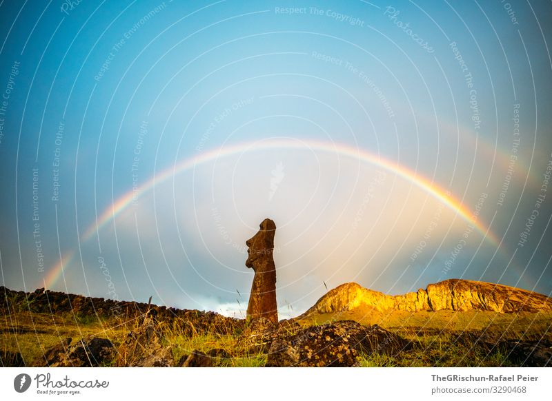 MOAI - Easter Island - Rainbow Nature Landscape Blue Brown Multicoloured 2 times moai Easter island Moody Perfect Statue Sculpture Mountain Blue sky Chile