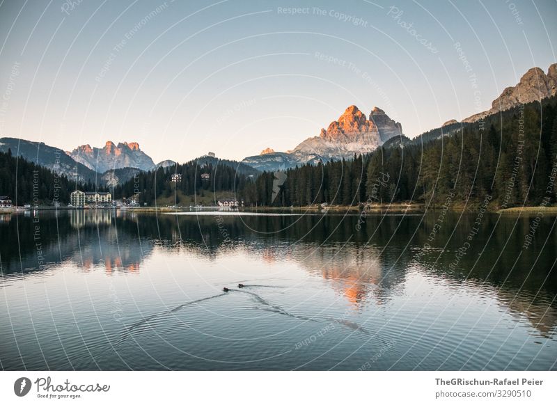 View of Tre Cime di Laveredo at the Lago di Misurina Lake mirror mountain Mountain Tre Cime di Lavaredo bank evening mood Sunset South Tyrol Sunlight Blue cute