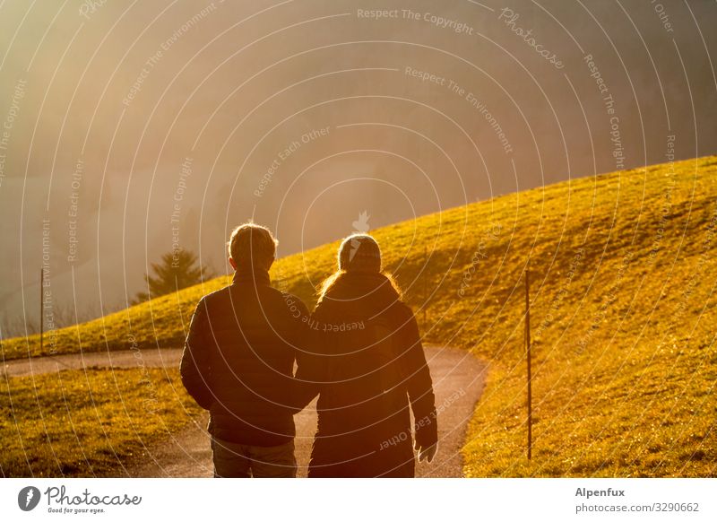 Together in the sun Human being Masculine Feminine Woman Adults Man Couple 2 Climate Climate change Beautiful weather Hill Going To talk Green Emotions Moody