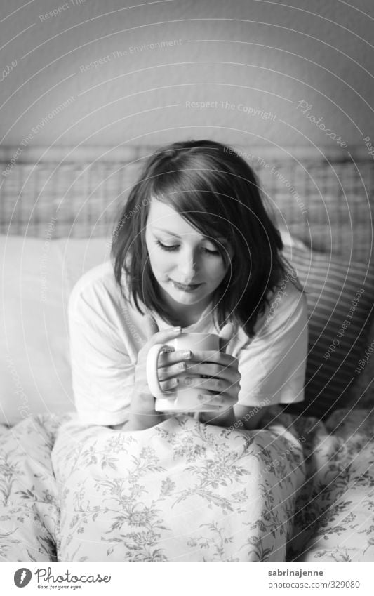 Coffee Human being Feminine 1 18 - 30 years Youth (Young adults) Adults tired Fatigue Bedclothes Arise Morning Black & white photo Interior shot Day Downward