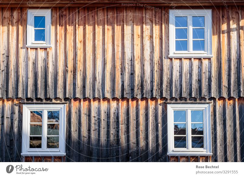 Four windows House (Residential Structure) Window Wooden facade Old Sharp-edged Simple Sustainability Warmth Brown Colour photo Exterior shot Copy Space middle