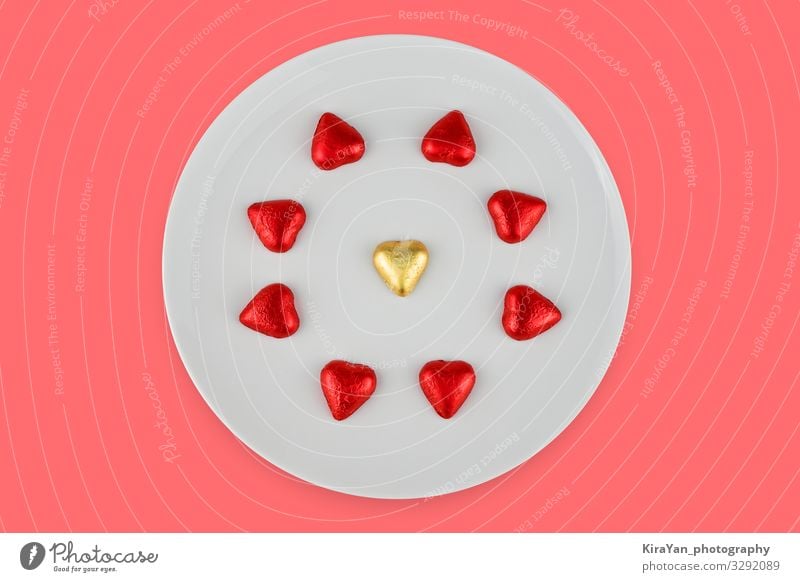 Abstract chocolate candies in hearts shape on white plate Decoration Feasts & Celebrations Valentine's Day Wedding Couple Heart Love Bright Pink Red Romance