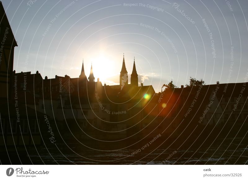 Dome in backlight Sun Water River Bamberg Germany Europe Town Architecture Tourist Attraction Landmark Original Gold Regnitz river nepomuk Exterior shot Sunbeam