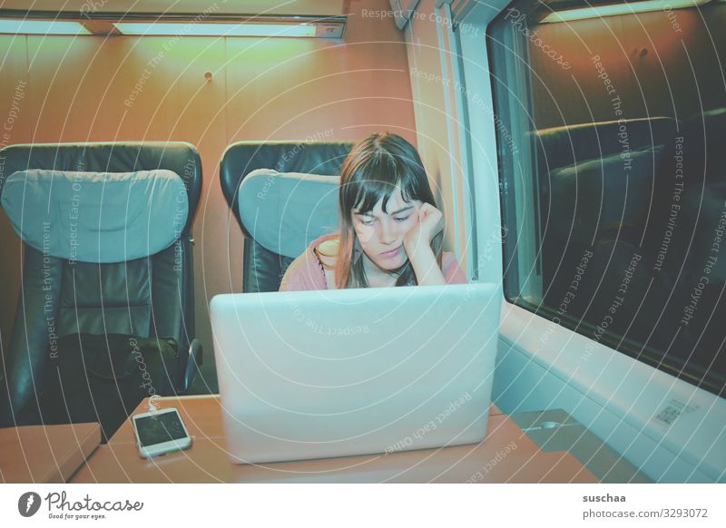 travelling by train Child Girl Youth (Young adults) 13 - 18 years Vacation & Travel Train travel Train compartment Night Seating Table Electrical equipment