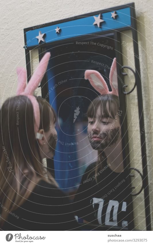 10 years later: girl with rabbit ears and painted beard in front of the mirror Dress up cladding Hare ears Mirror Girl Young woman Youth (Young adults) teenager