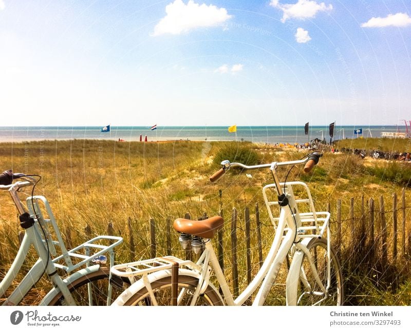 View of the Dutch North Sea, in the foreground two bicycles and dunes with dried up grass Summer Marram grass Noordwijk Beach Netherlands Cycling tour