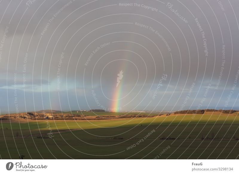 At the end of the rainbow | 200 Nature Landscape Sky Sunlight Winter Weather Field Hill Rainbow Deserted Illuminate Light Shadow Prismatic colour Colour photo