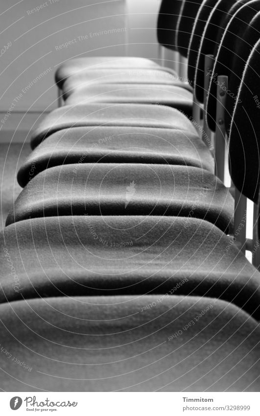 bowel movement Chair Metal Wait Simple Gray Black White Emotions Expectation Hall Seating capacity Carpet Empty Black & white photo Interior shot Deserted Day
