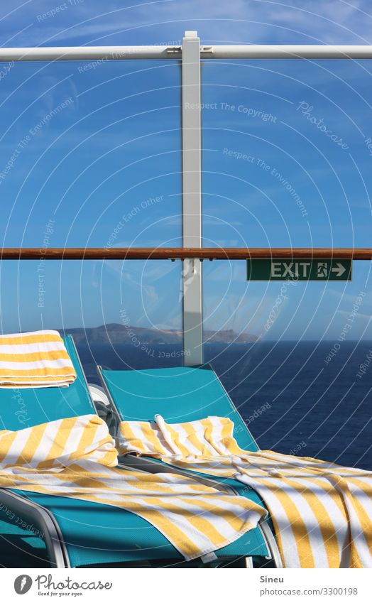 skin thing | towel on it Tourism Cruise Summer Ocean Beautiful weather Coast Island Cruise liner Deckchair Towel Signage Warning sign Emergency exit