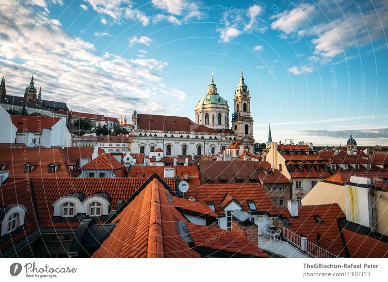 Prague above the rooftops Town Capital city Blue Orange White Czech Republic Church Roof House (Residential Structure) Vantage point Sky Twilight Clouds Window