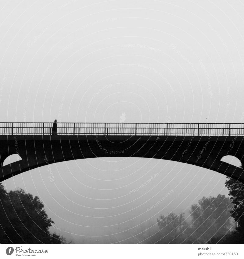grey in grey Human being 1 Landscape Climate Bad weather Fog Town Bridge Emotions Bridge railing Bridge building Gloomy Going Gray Black & white photo