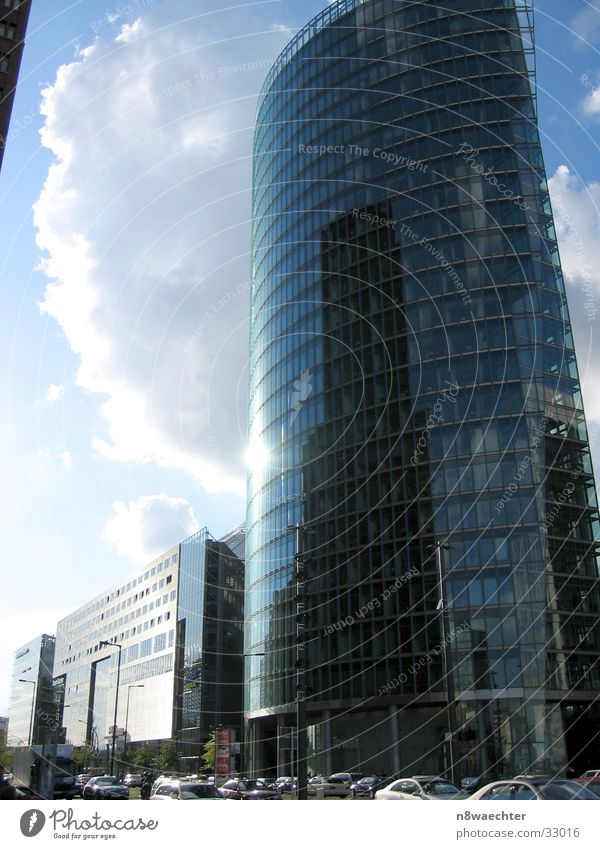 In the mirror of time High-rise Glas facade Potsdamer Platz Mirror surface Clouds Architecture Berlin Modern Sky db Reflection