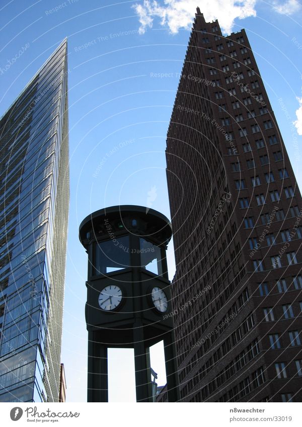 Past and present Potsdamer Platz Clock Historic High-rise Architecture Berlin canyon Sky Blue aberrant lines Contrast