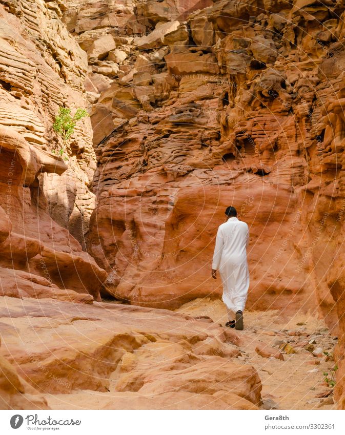 man in white arab clothing walks in a colored canyon in Egypt Exotic Vacation & Travel Tourism Summer Mountain Human being Man Adults Nature Landscape Warmth