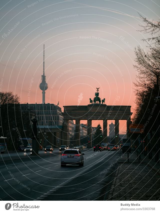 Brandenburg Gate in the morning glow, Berlin Sky Cloudless sky Sunrise Sunset Sunlight Spring Winter Beautiful weather Germany Capital city Downtown Old town