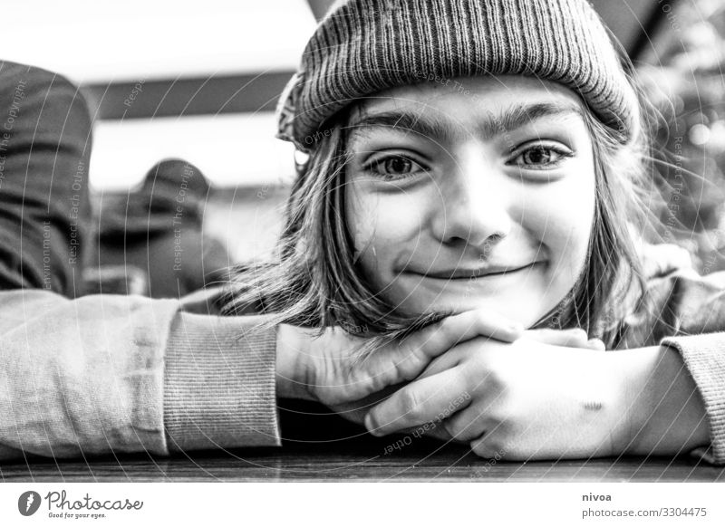 black white portrait of a boy Boy (child) cap Black & white photo smile 1 Human being Day Face already natural Happiness Exterior shot luck Long-haired Joy