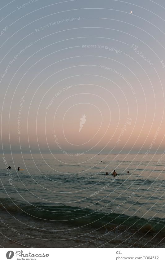 Evening at the sea Swimming & Bathing Human being Group Environment Nature Elements Water Sky Cloudless sky Moon Summer Beautiful weather Waves Coast Ocean