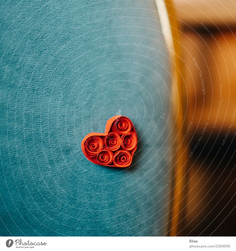 heart Heart Love Romance Blue Red Paper Home-made Valentine's Day Emotions Affection Gold Exceptional Colour photo Interior shot Deserted Copy Space left