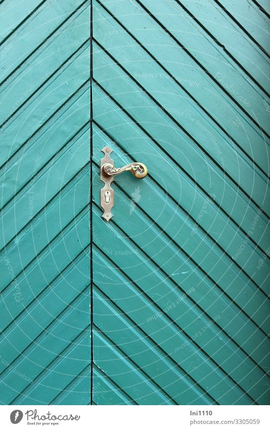 Door with brass handle Small Town Downtown Deserted Castle Wood Metal Green Turquoise Front door Brass Door handle Crazy Pattern Historic Historic Buildings