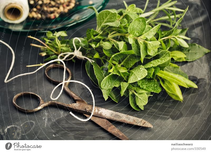 herb bouquet Food Herbs and spices Rosemary Oregano Bay leaf Mint Thyme Pepper Nutrition Organic produce Vegetarian diet Italian Food Scissors Sewing thread
