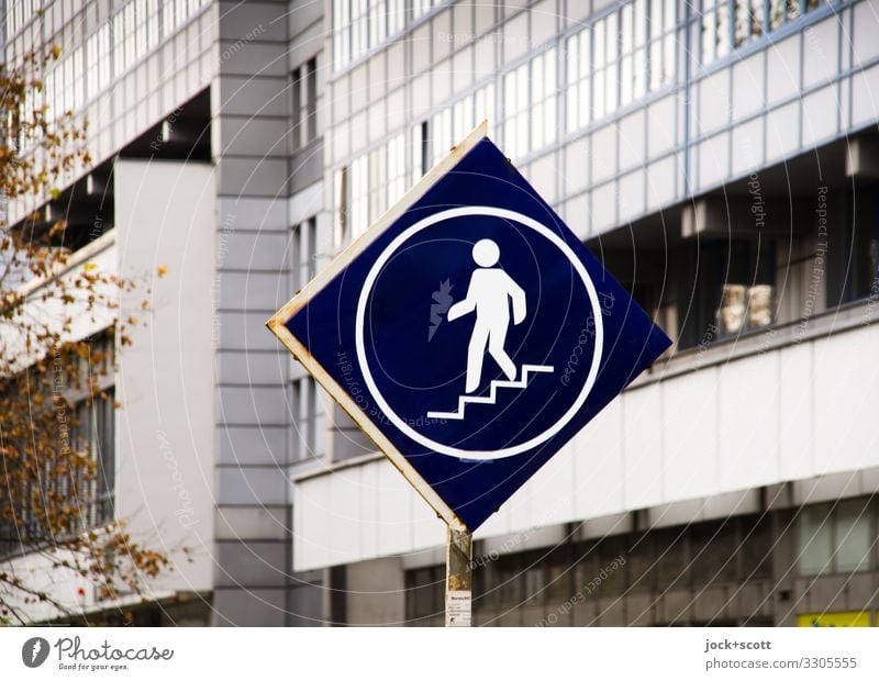 to the underpass GDR Underpass Stairs Facade Pedestrian Signage Pictogram Authentic Sharp-edged Retro Blue Mobility Arrangement Style Past Downtown Illustration