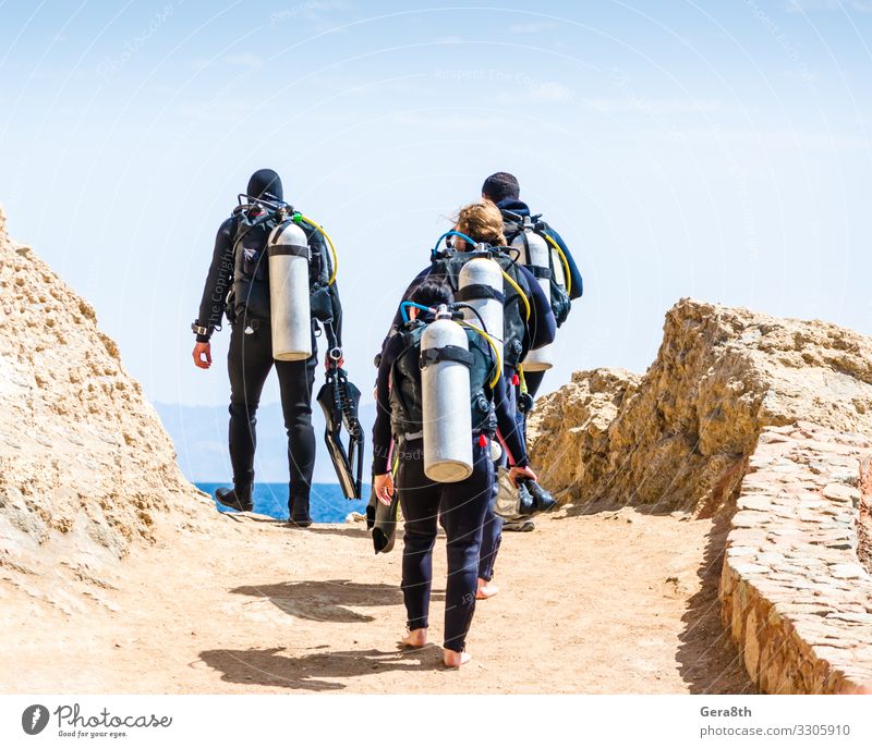 divers go to the sea on the sky with clouds in Egypt Dahab Exotic Relaxation Leisure and hobbies Vacation & Travel Tourism Summer Ocean Sports Dive Group Nature