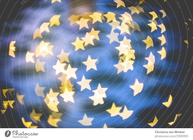 Star dance. Golden light stars against blue background. Star bokeh Feasts & Celebrations Christmas & Advent Kitsch Odds and ends Sign Star (Symbol) Authentic