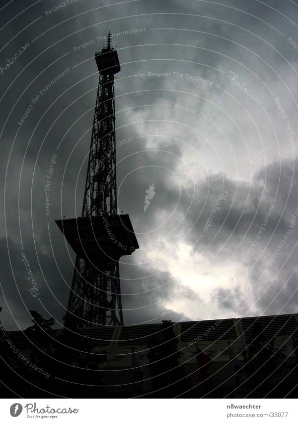 Radio tower Messe Berlin Transmitting station Broadcasting station White Dark Clouds Architecture Tower Silhouette black Black & white photo Tall Contrast Crazy