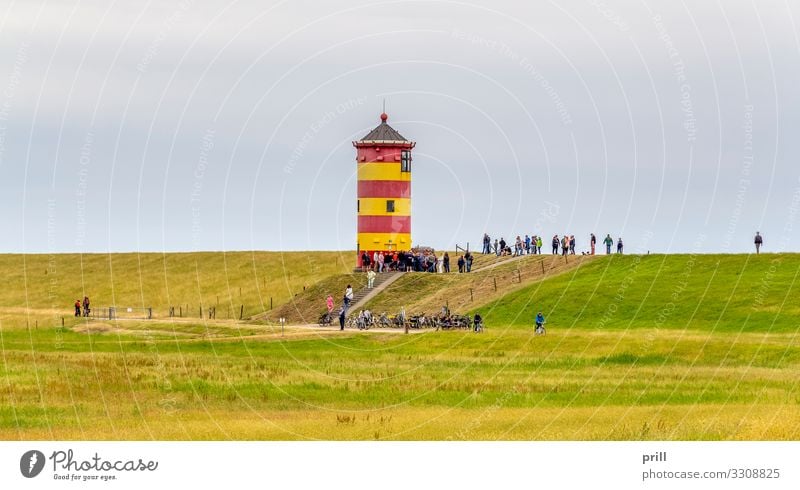 Pilsum Lighthouse Tourism Grass Meadow Coast Tower Landmark Yellow Red Pilsum lighthouse Beacon Dike East Frisland Friesland district Northern Germany