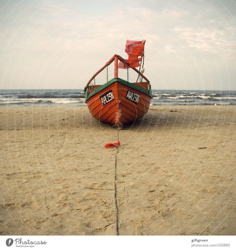 bright red fishing boat Work and employment Workplace Environment Nature Landscape Elements Sand Water Sky Clouds Wind Waves Coast Beach Baltic Sea Ocean