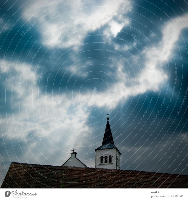 Church tower politics Sky Clouds Sun Building Church spire Crucifix Christian cross Village church Roof Dark Tall Above Point To console Calm Endurance