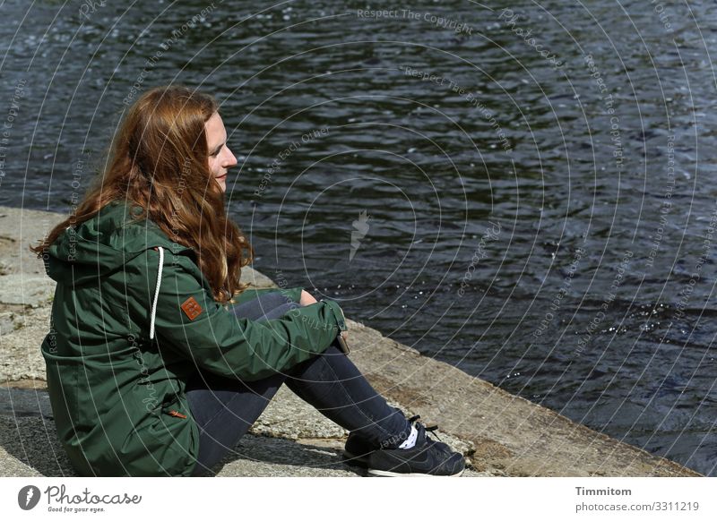 Watching The River Flow Woman sedentary look look at ponder Water Meditative Pensive Thought Peaceful Calm Outdoors Yorkshire Smiling Moody Dreamily youthful