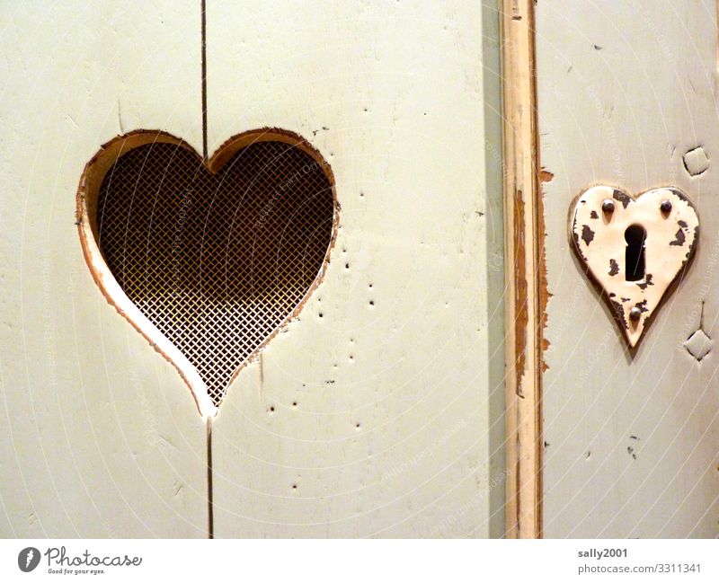 the castle to the heart... Living or residing Interior design Cupboard Sign Heart Love Old Sympathy Relationship Wood Keyhole Lock Wardrobe door Pink woodworm