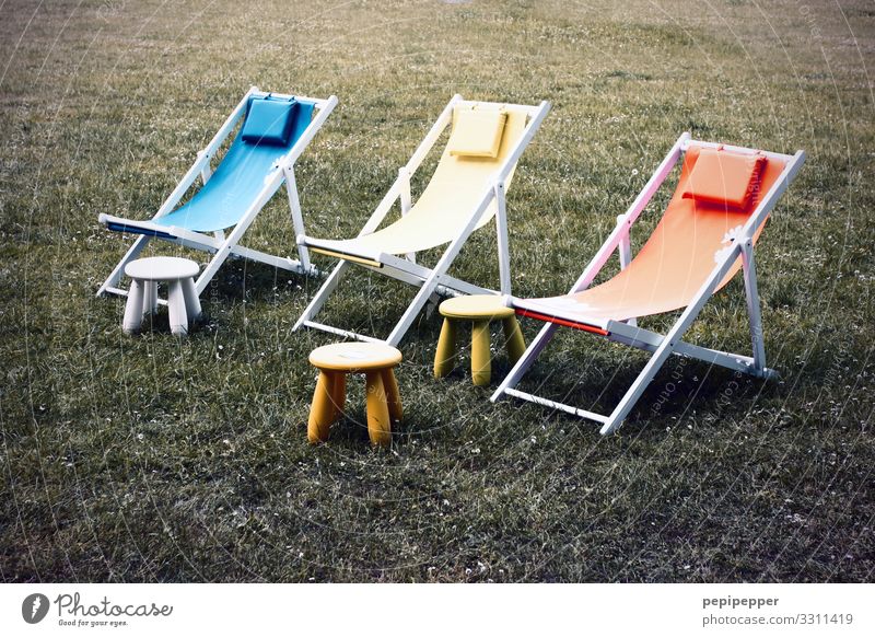 Relax Vacation & Travel Tourism Camping Summer vacation Deckchair Beautiful weather Grass Garden Park Meadow Multicoloured Calm Loneliness Indifferent