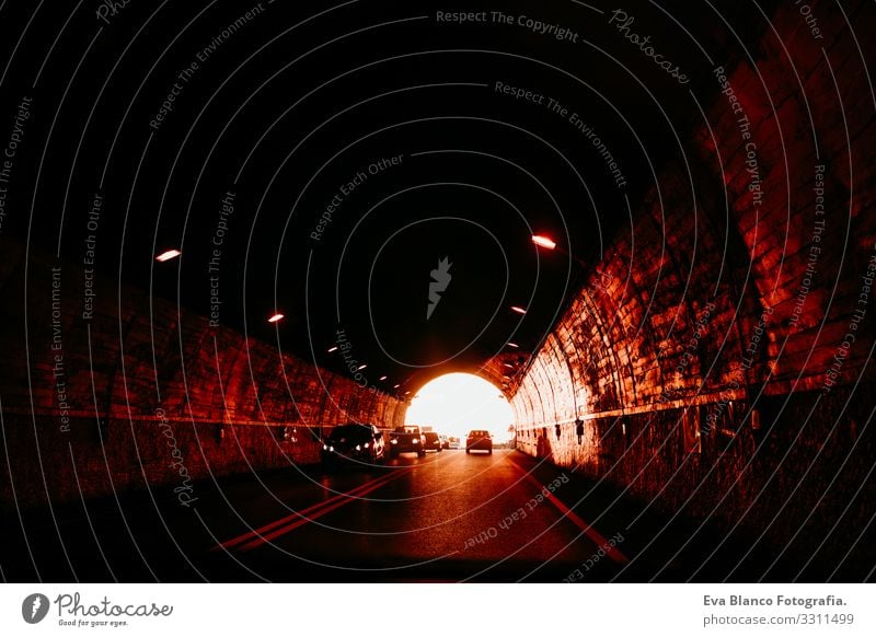 view from a car inside a tunnel at sunset. travel concept Car Sunset Driving Vacation & Travel indoor Unrecognizable golden hour Driver
